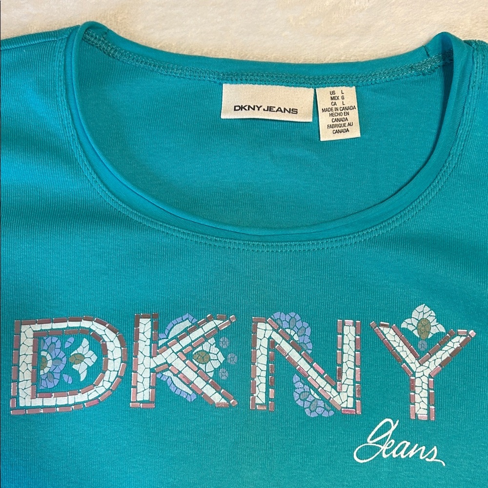 DKNY Teal Mosaic Logo Short Sleeve Tee